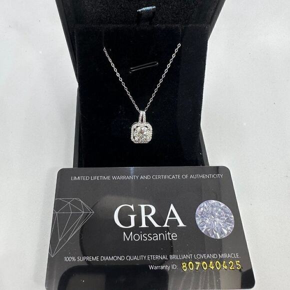 Moissanite GRA Round Necklace Cushion Cut Halo Pendant Chain 925 18K 2 Ct - Picture 7 of 12